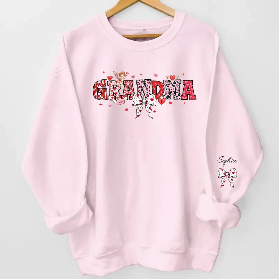 Grandma’s Love Woven in Hearts - Custom Sweatshirt & Hoodie with Kid Names on Sleeves, Perfect Valentine’s Gift for Grandma