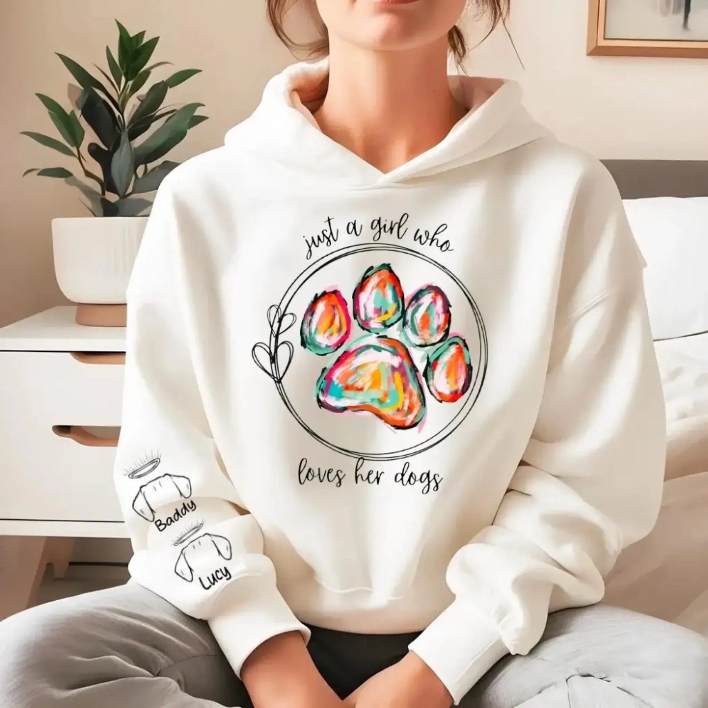 13. Just a Girl Who Loves Her Dogs Sweatshirt-Hoodie – Colorful Paw Print Personalized Dog Memorial Gift for Dog Moms