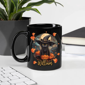 1. Halloween Mug with Cute Witch Cat, Custom Name Mug Gift For Halloween