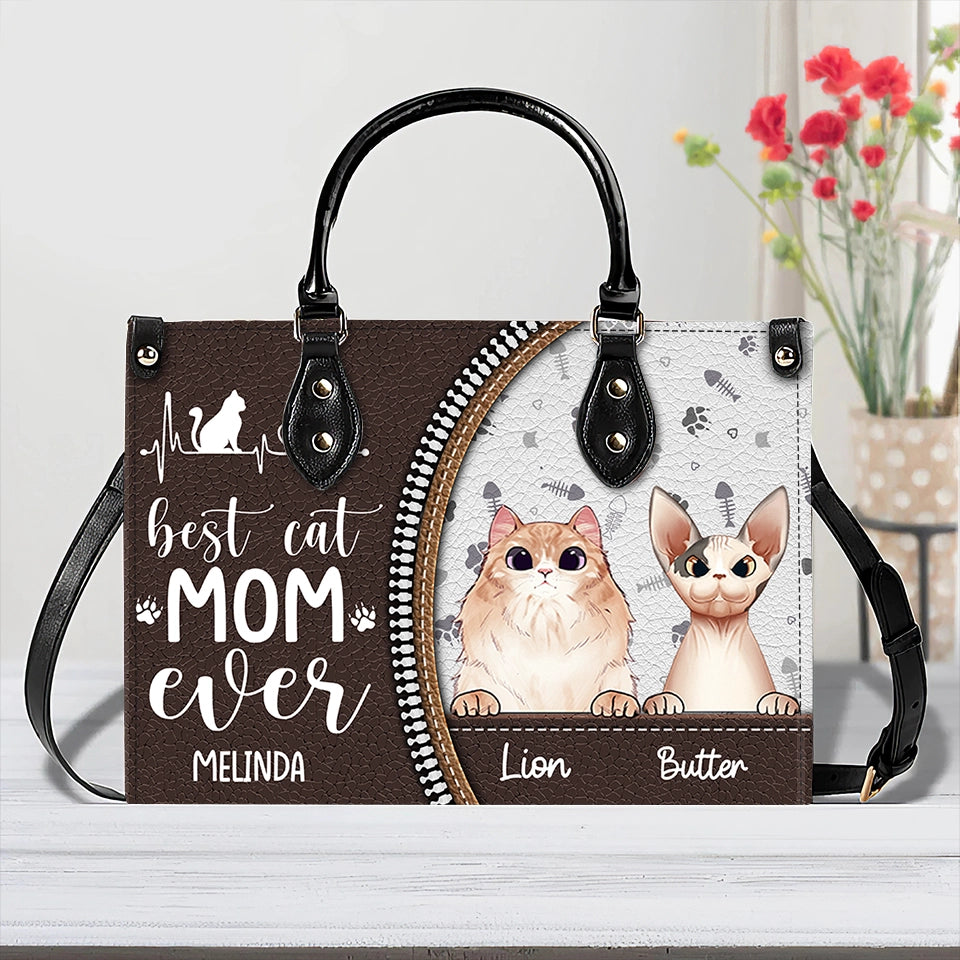 Best Cat Mom Ever – Personalized Leather Handbag, Custom Gift for Cat Moms and Pet Lovers