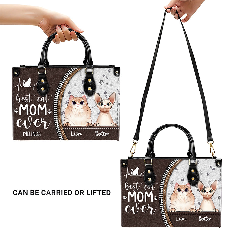 Best Cat Mom Ever – Personalized Leather Handbag, Custom Gift for Cat Moms and Pet Lovers