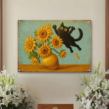 Vintage Black Cat & Sunflower Metal Sign – Wall Art Duconspace