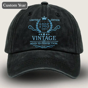 Front view of custom washed denim dad hat with vintage print