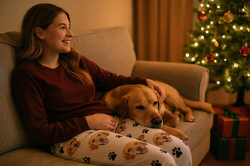 Woman relaxing on sofa wearing personalized pajama pants printed with her dog’s face, cozy Christmas evening beside decorated tree and wrapped gifts