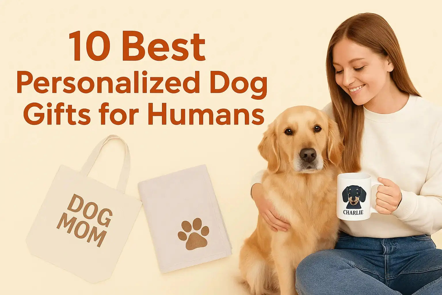 Blog thumbnail showing personalized dog gifts for humans, including a dog mug, tote bag, and blanket with a happy dog owner