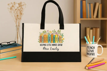 Helping Little Minds Grow – Personalized Teacher Tote Bag with Books and Floral Design – Custom Gift for Educators and Women Teachers by Duconspace