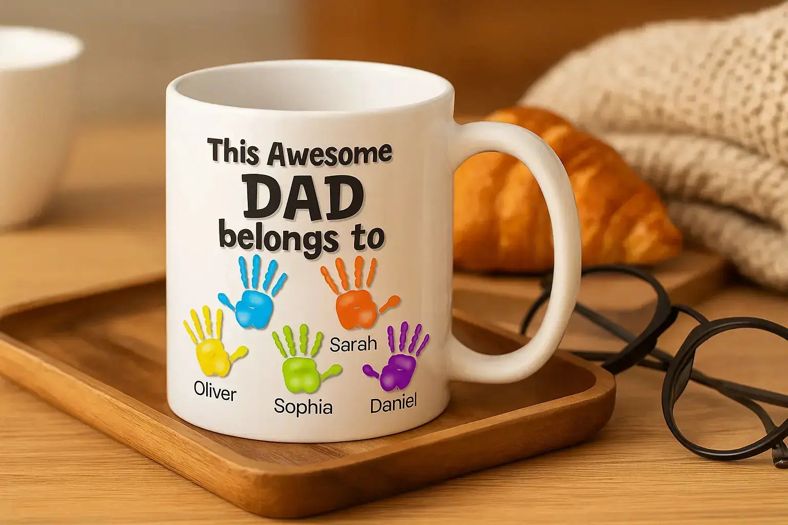 This Awesome Dad Belongs To – Personalized Mug with Colorful Kids’ Handprints and Names – Custom Father’s Day Gift Idea from Children by Duconspace