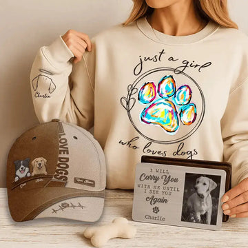 Warm-toned banner showing personalized dog gifts such as engraved wallet card, dog dad hat, and pet photo socks