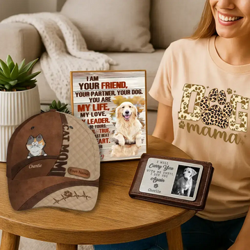Flatlay of personalized gifts for pet lovers including custom dog hat, cat mug, and pet photo socks