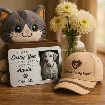 Personalized memorial gifts for pets including engraved photo wallet card, remembrance ornament, and framed dog picture