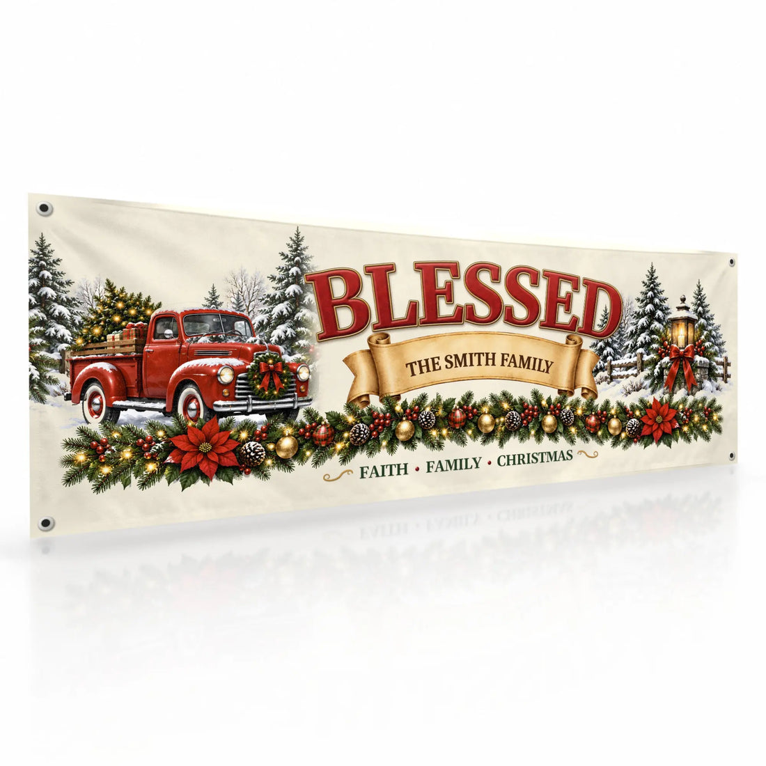 Personalized Blessed family Christmas banner on white background