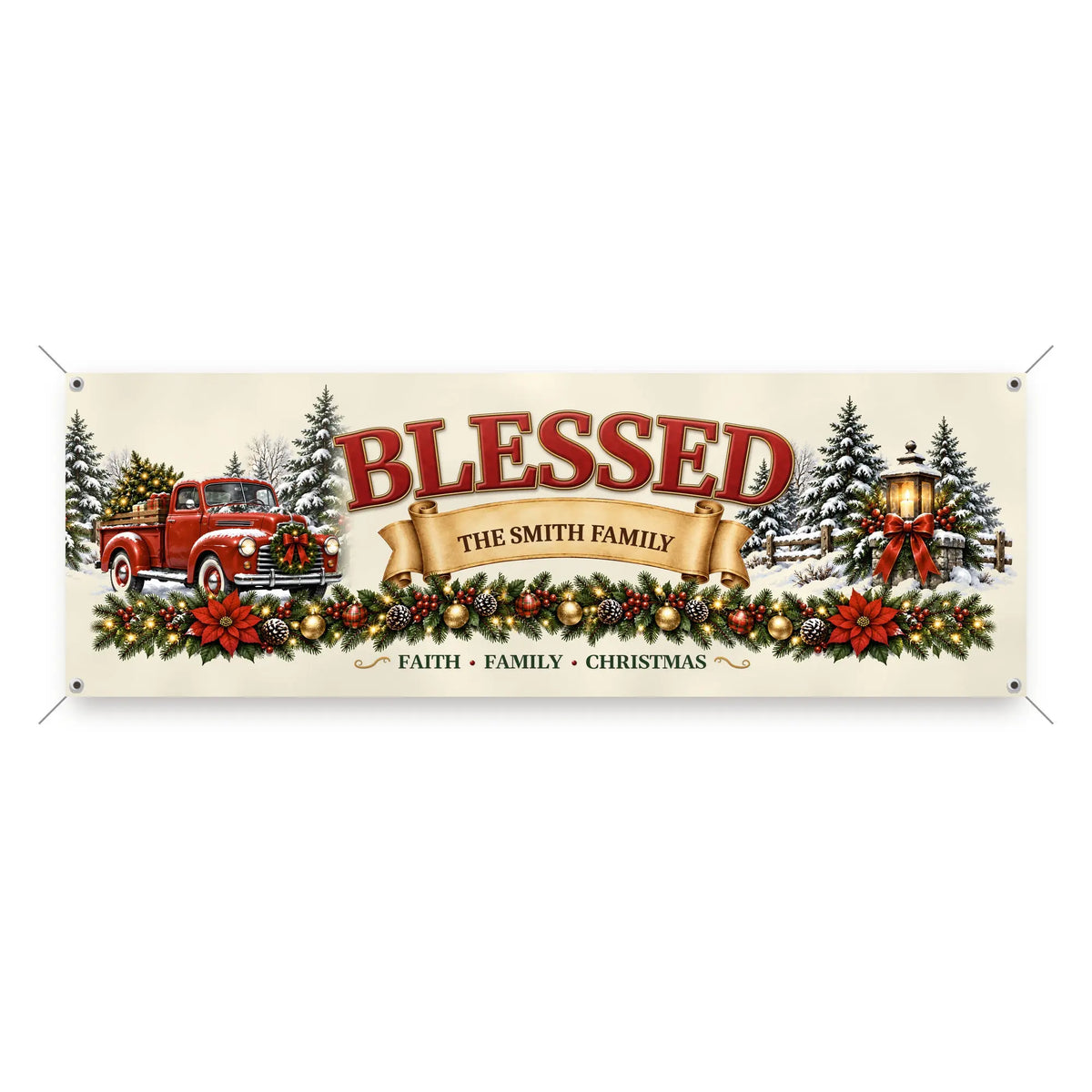 Personalized Blessed family Christmas fabric banner on white background