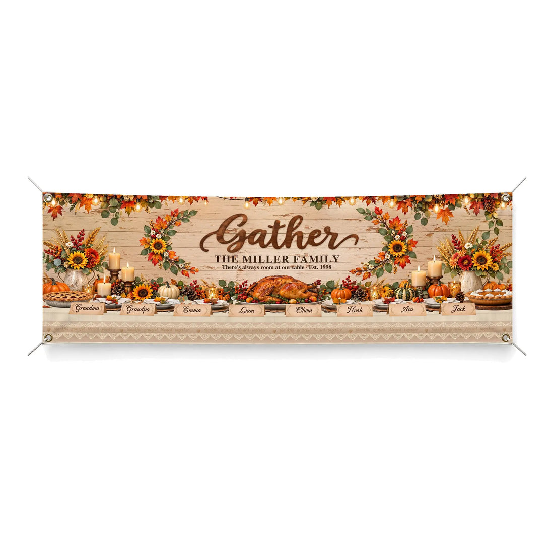 Personalized Gather family Thanksgiving fabric banner on white background
