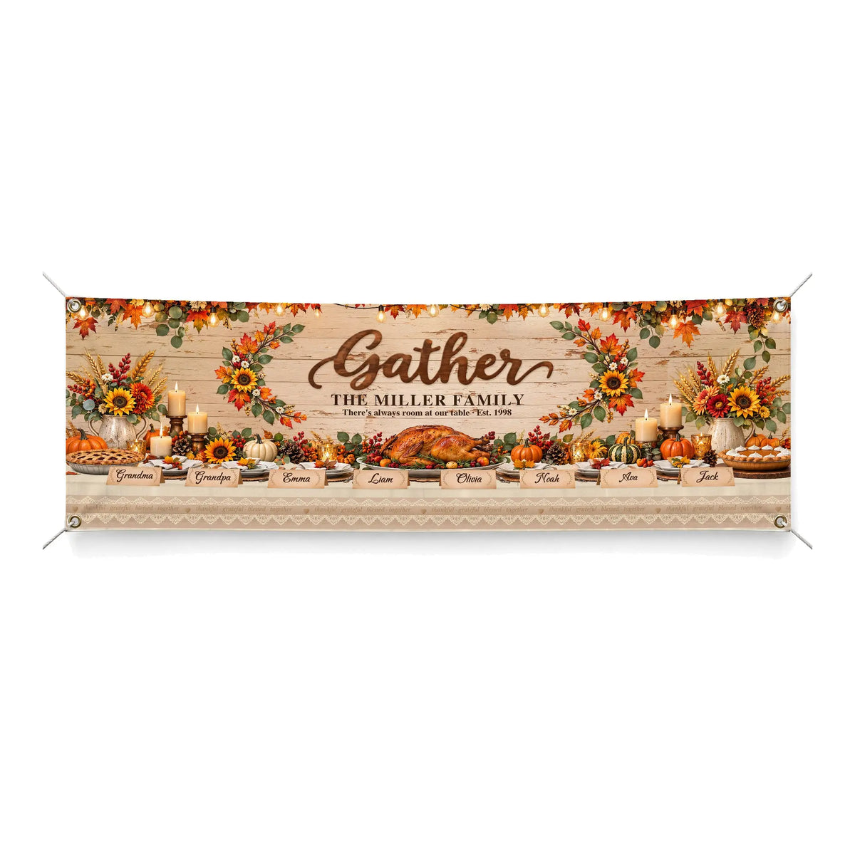 Personalized Gather family Thanksgiving fabric banner on white background