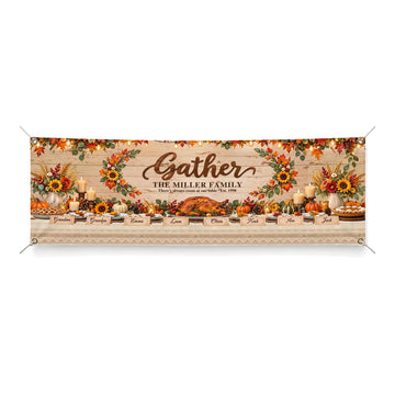 Personalized Gather family Thanksgiving fabric banner on white background