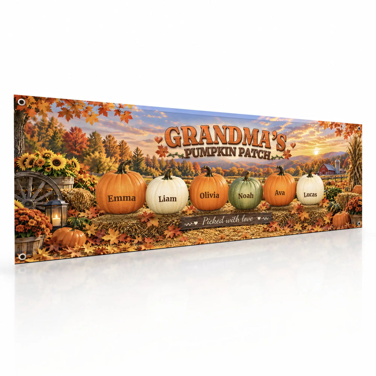 Custom Grandma's Pumpkin Patch fall banner with grandkids' names on white background