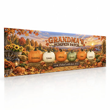 Custom Grandma's Pumpkin Patch fall banner with grandkids' names on white background