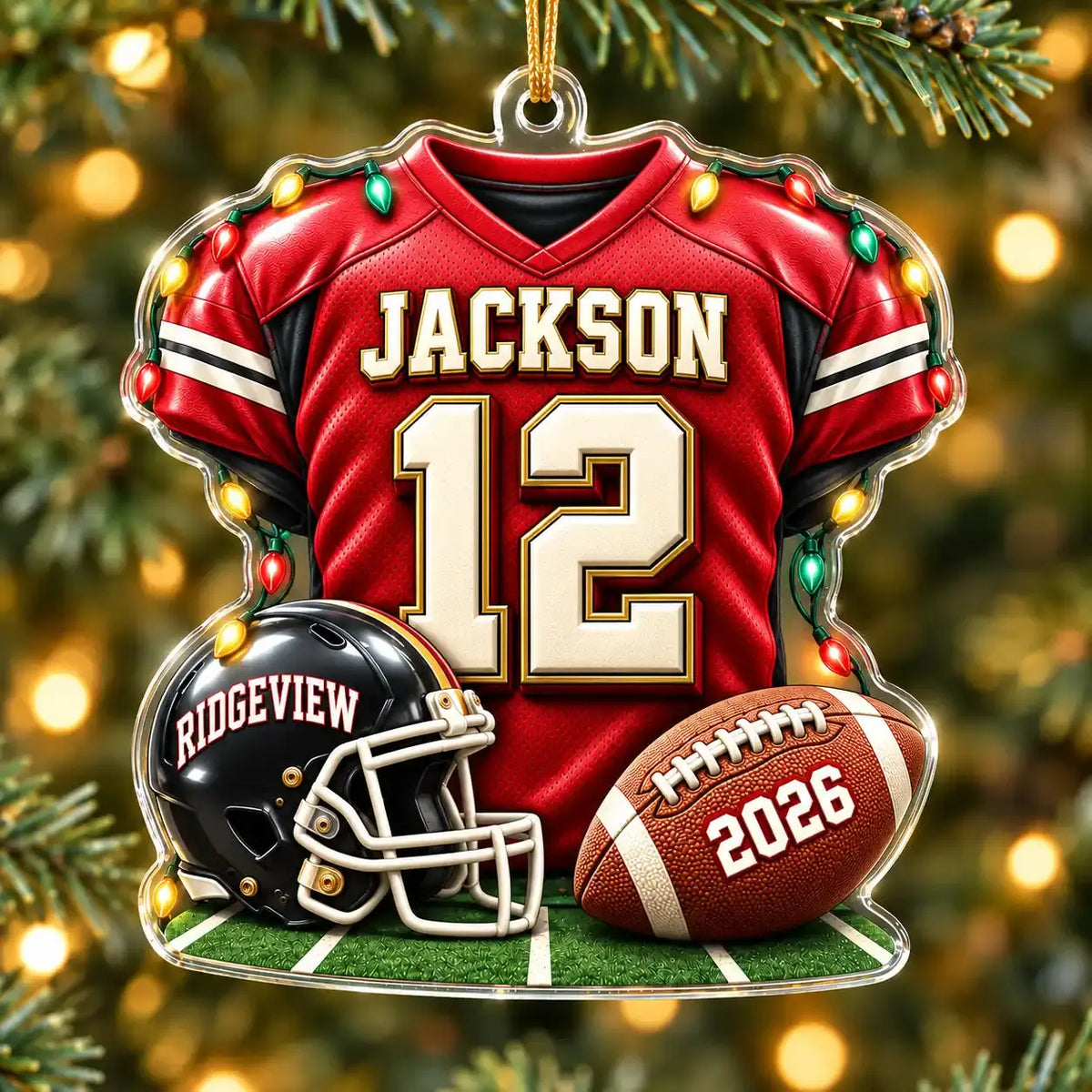 Personalized football jersey ornament hanging on a Christmas tree
