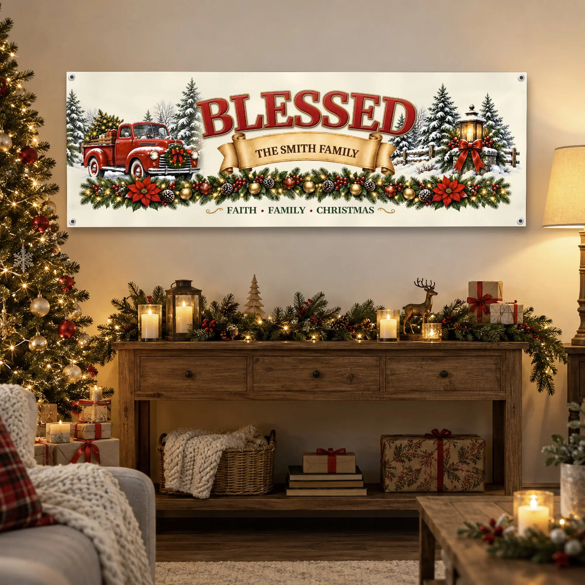 Blessed family name banner hanging in a cozy Christmas living room