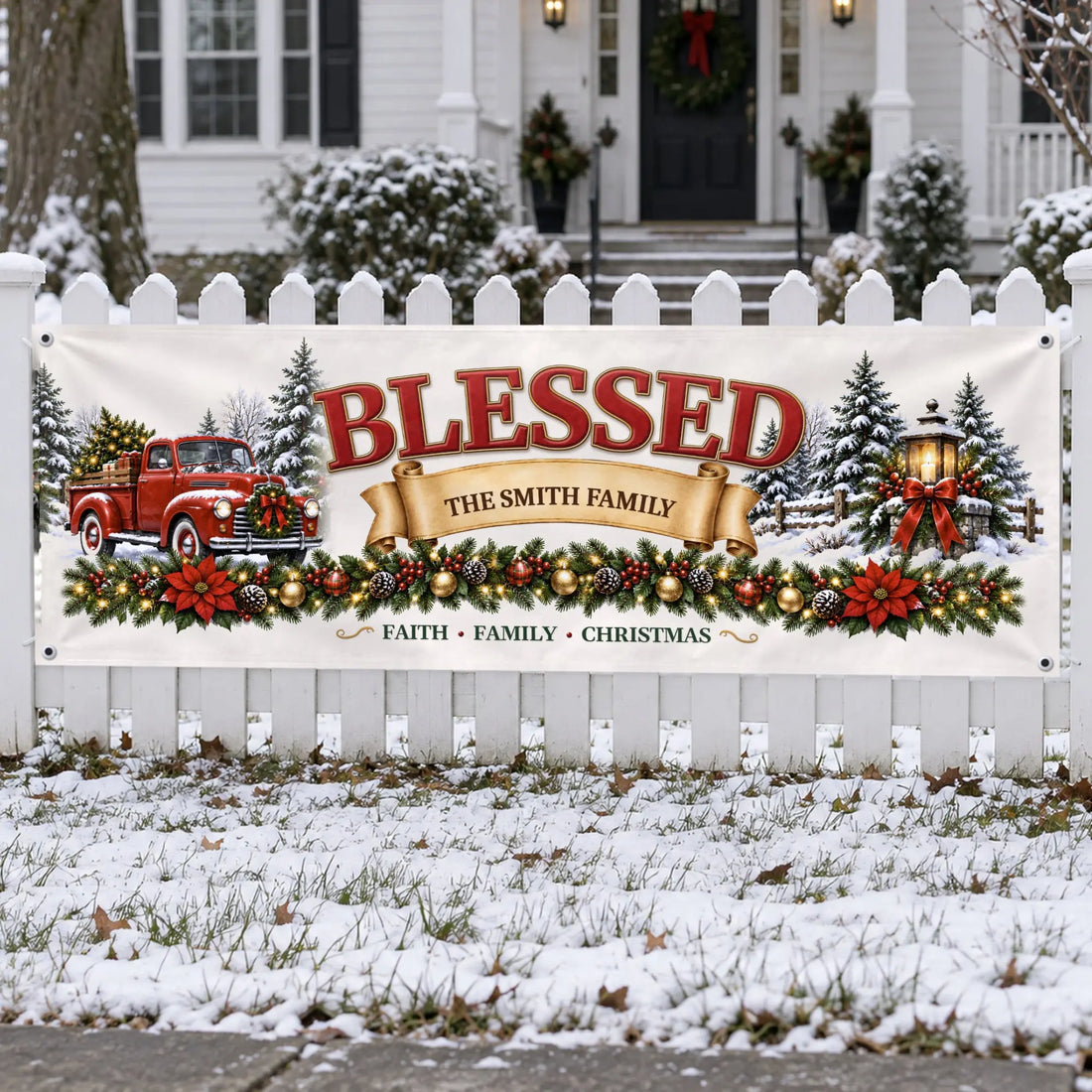 Personalized Blessed family Christmas banner on white background
