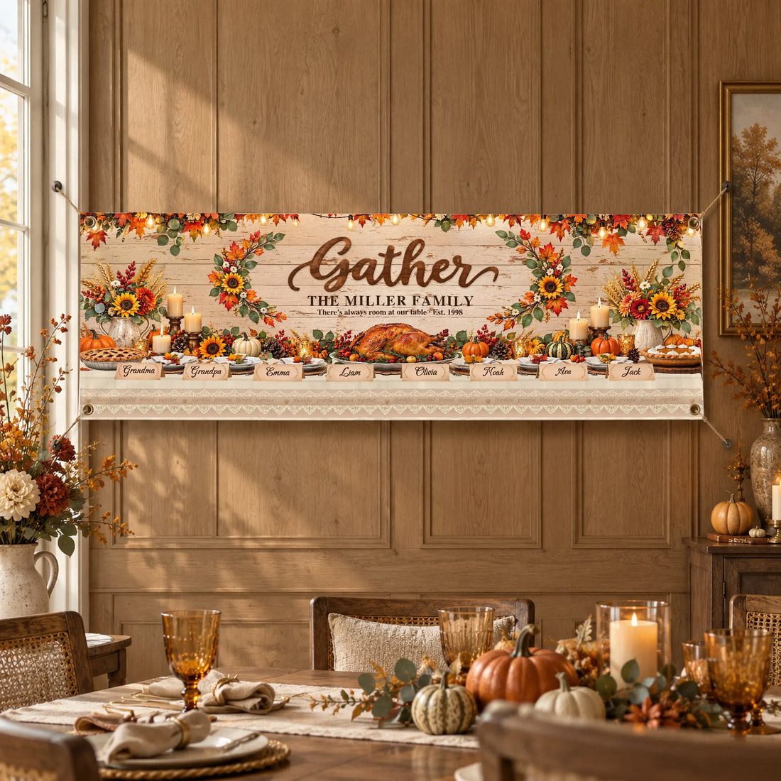 Personalized Gather family Thanksgiving fabric banner on white background