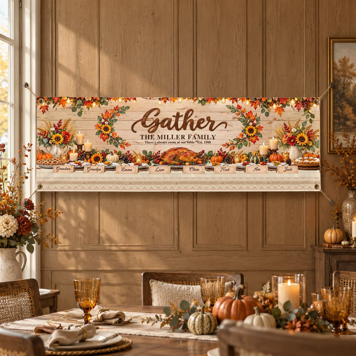 Gather At Our Table banner hanging in a Thanksgiving dining room