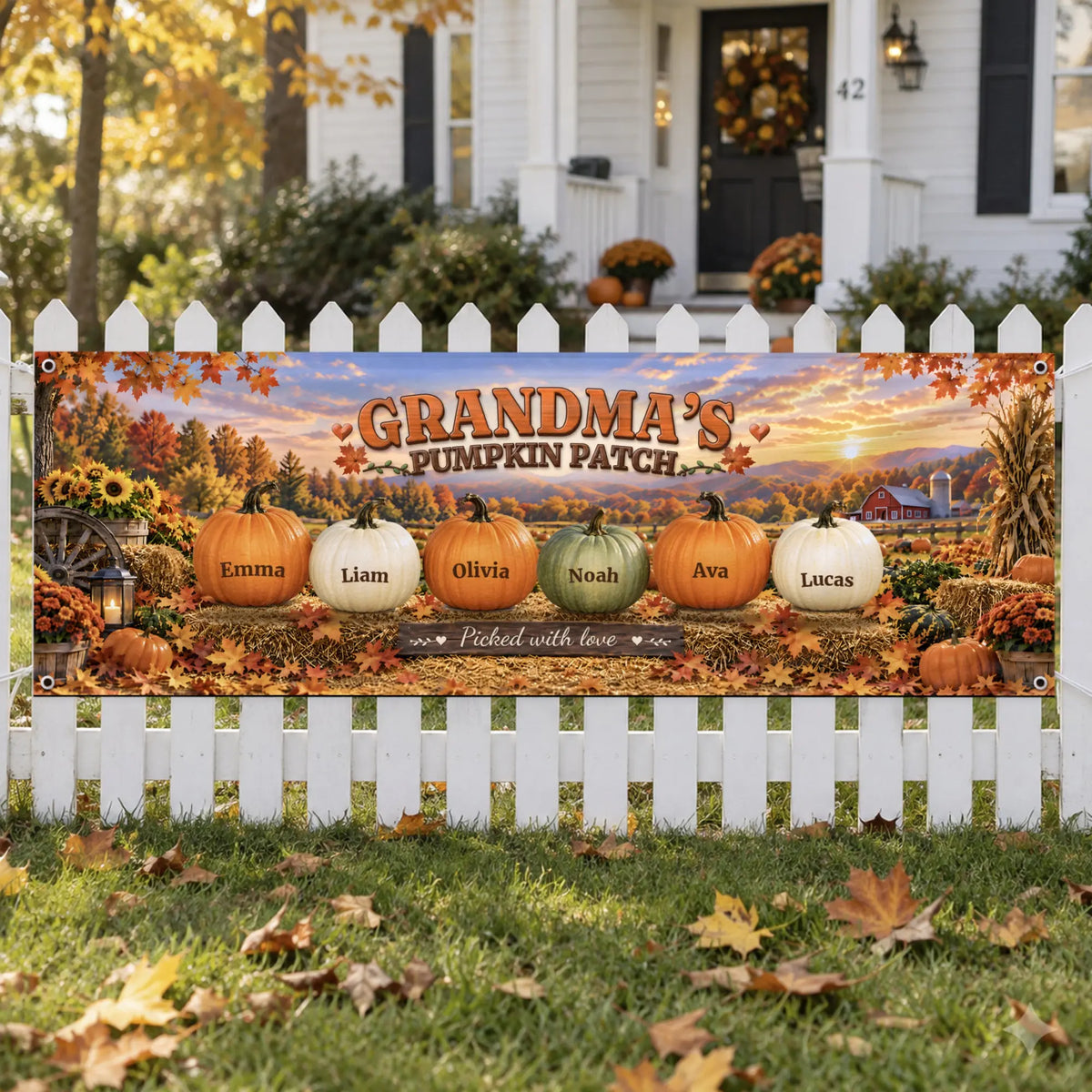 Grandma's Pumpkin Patch banner on a front yard picket fence in autumn