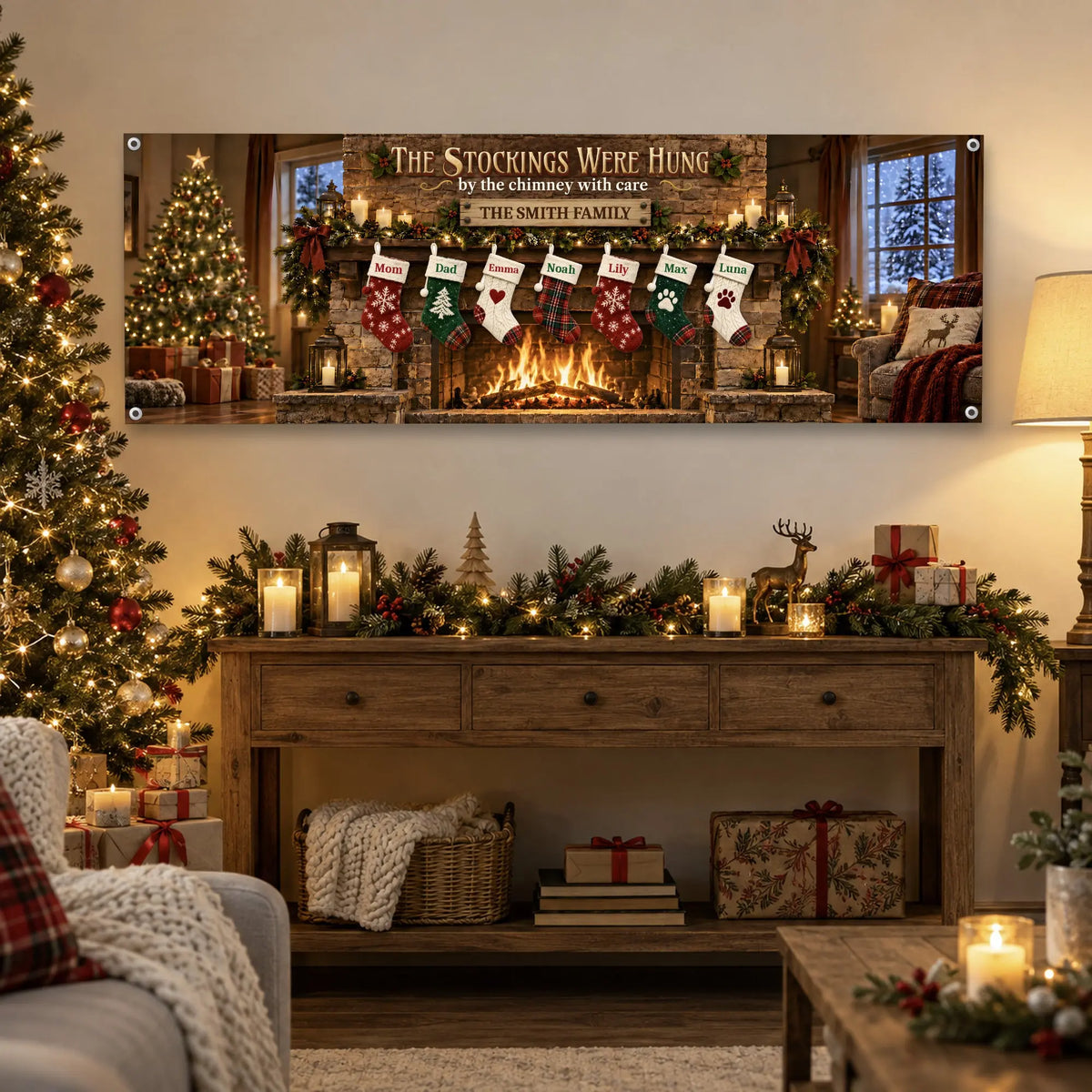 Personalized family stockings Christmas banner hanging in living room