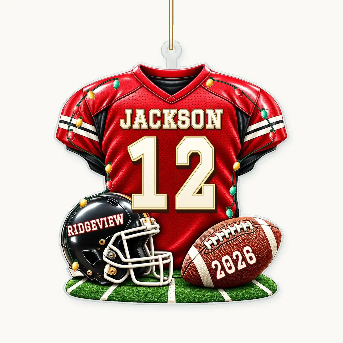 Personalized football jersey helmet acrylic ornament on white background
