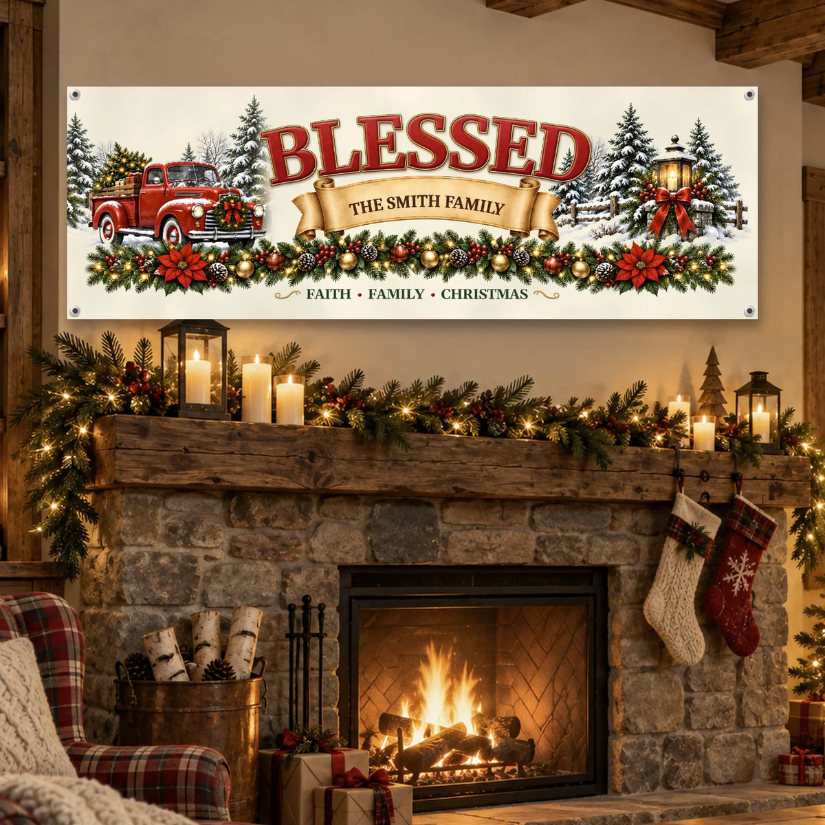 Blessed Christmas banner above a stone fireplace