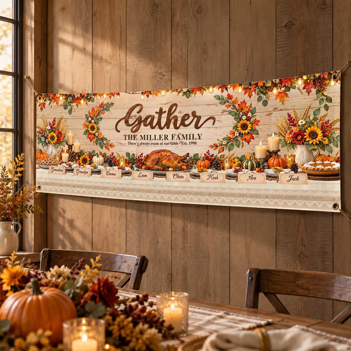 Gather family name banner angled view on a wood wall