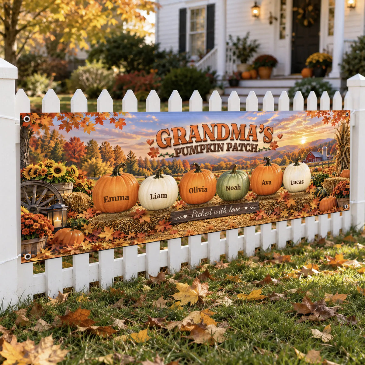 Personalized pumpkin patch fabric banner on a fence, angle view