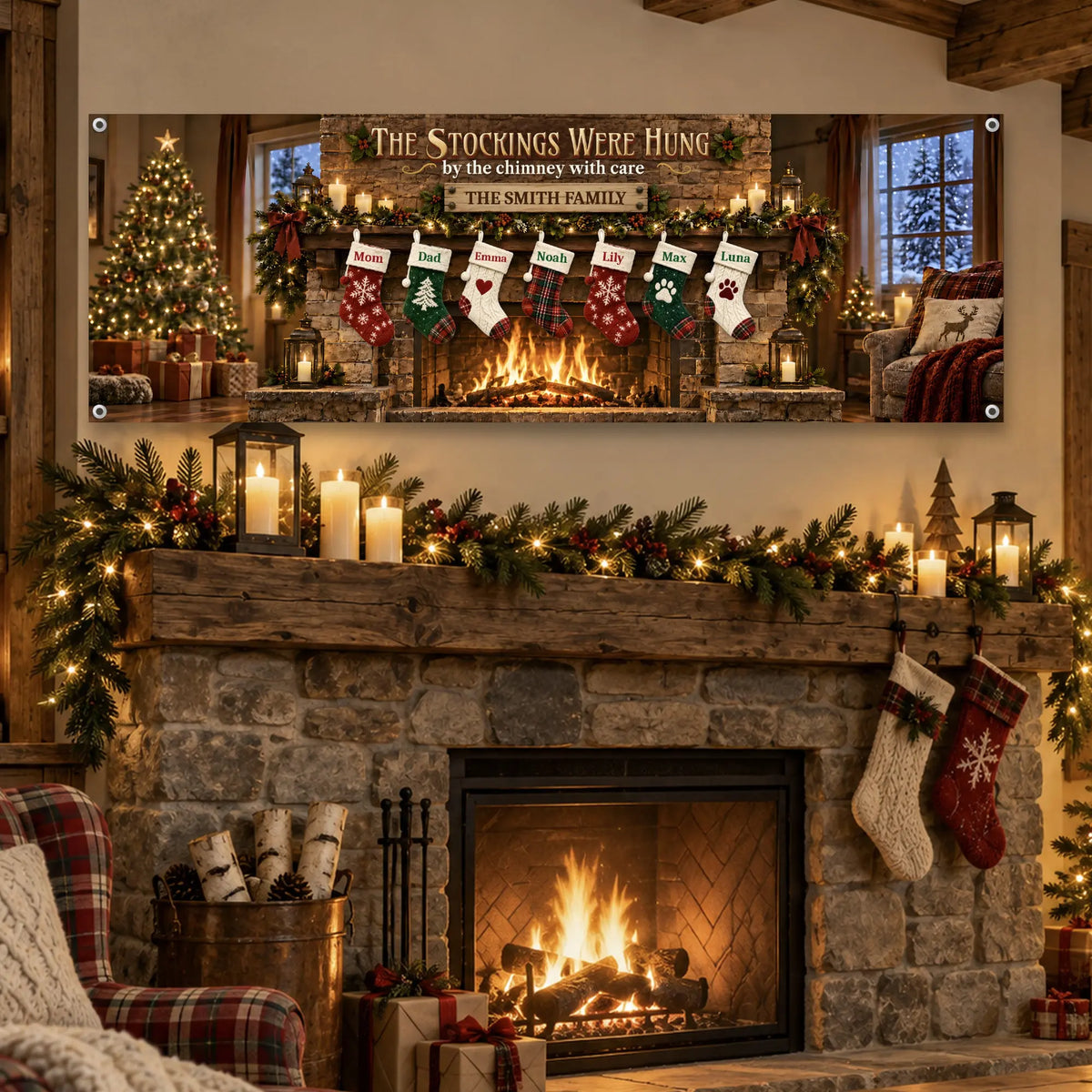 Stockings were hung banner above a cozy fireplace
