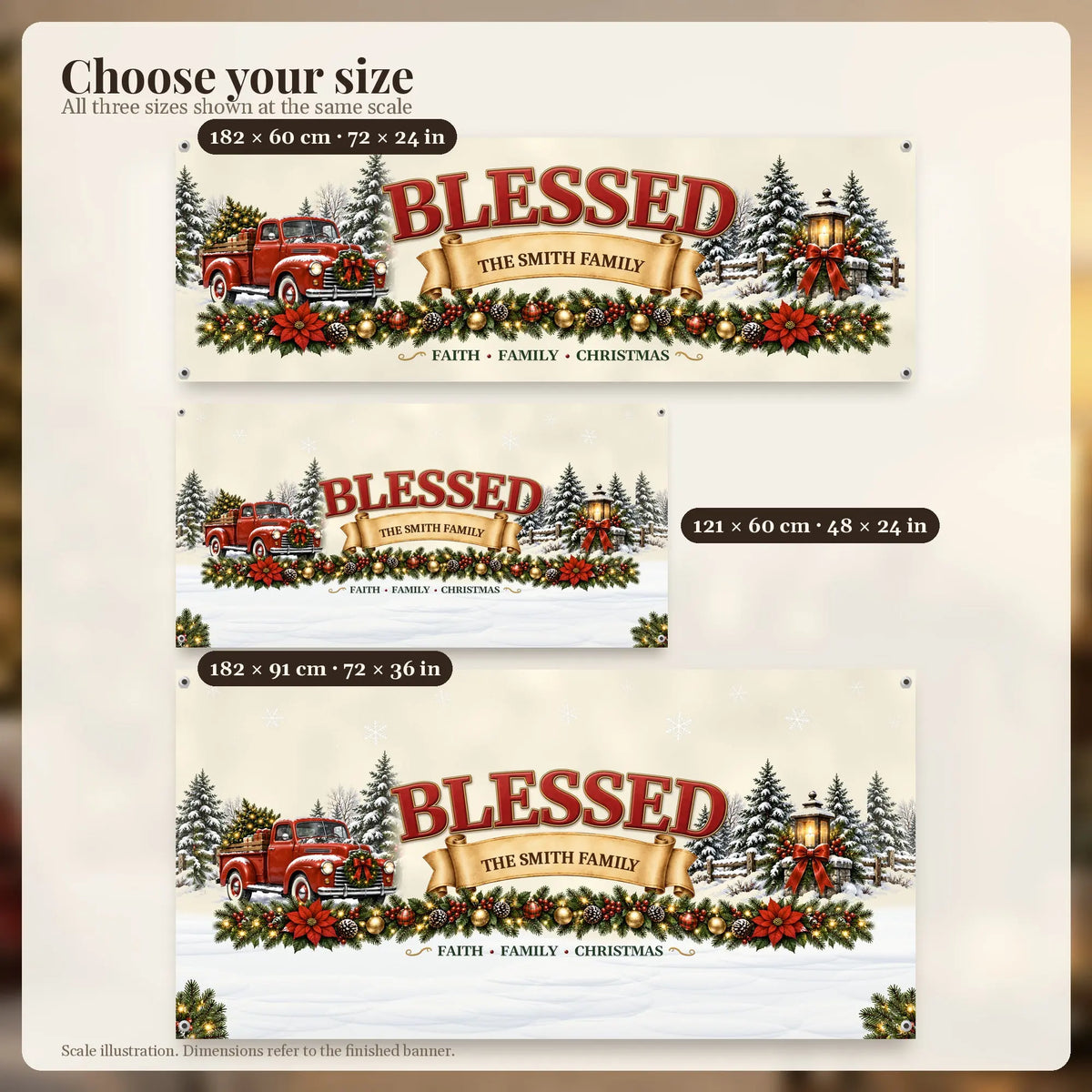 Banner size comparison 182x60, 121x60 and 182x91 cm