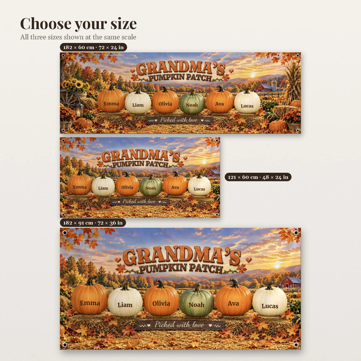 Fall banner size comparison 182x60, 121x60, 182x91 cm