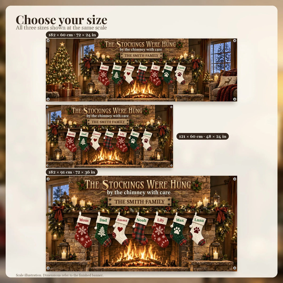 Christmas banner size comparison 182x60, 121x60, 182x91 cm