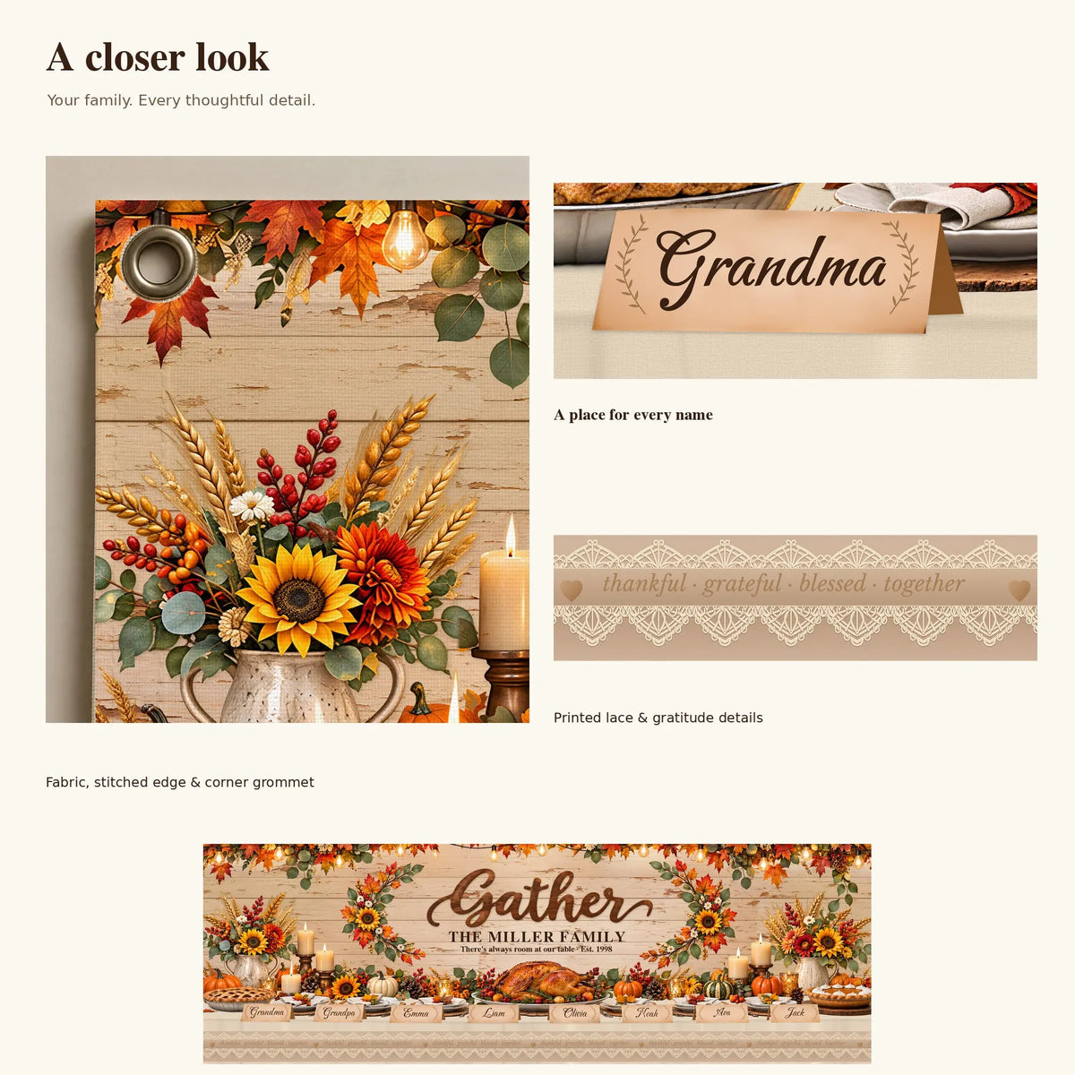 Close-up of place card names, lace print and grommet