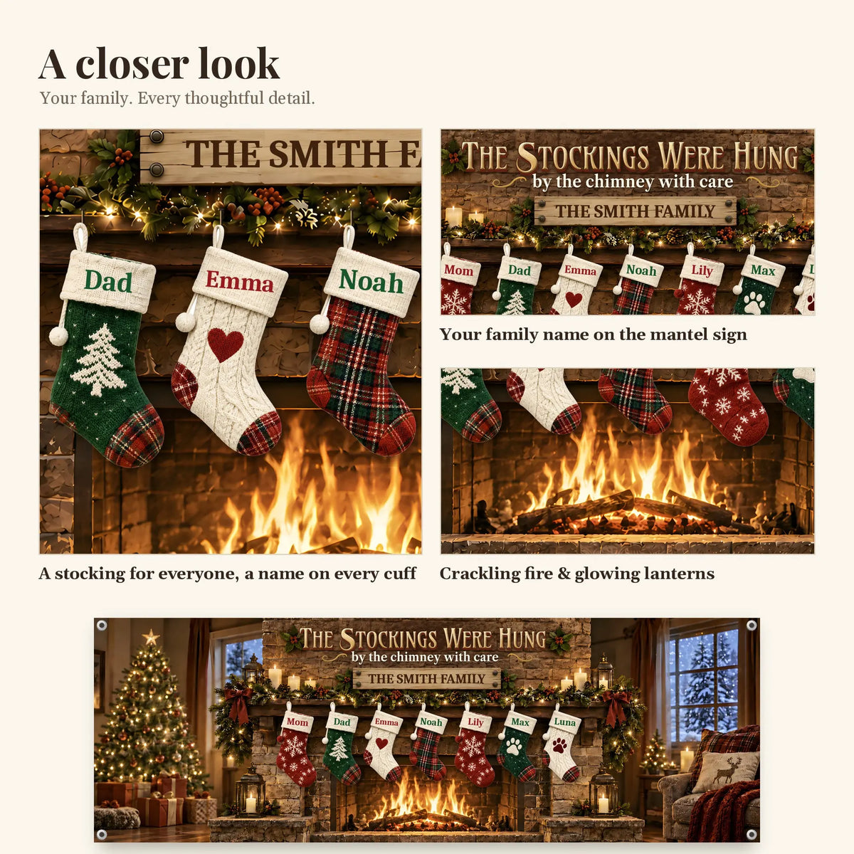 Closer look at personalized stocking names and family name sign