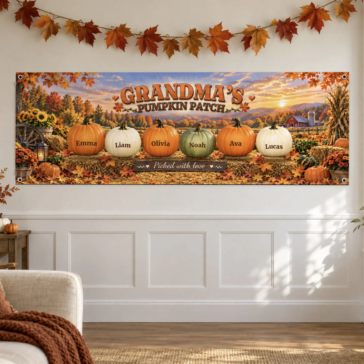 Grandma's Pumpkin Patch banner hanging on a living room wall with fall decor