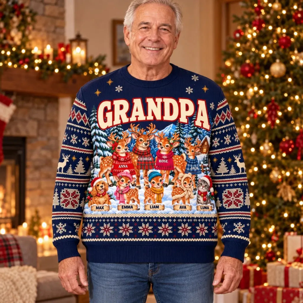 Custom family reindeer ugly sweater flat lay with gifts