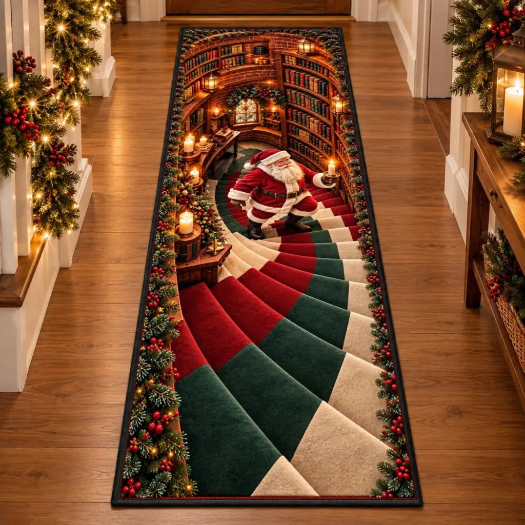 3D Santa spiral staircase runner rug in a Christmas hallway