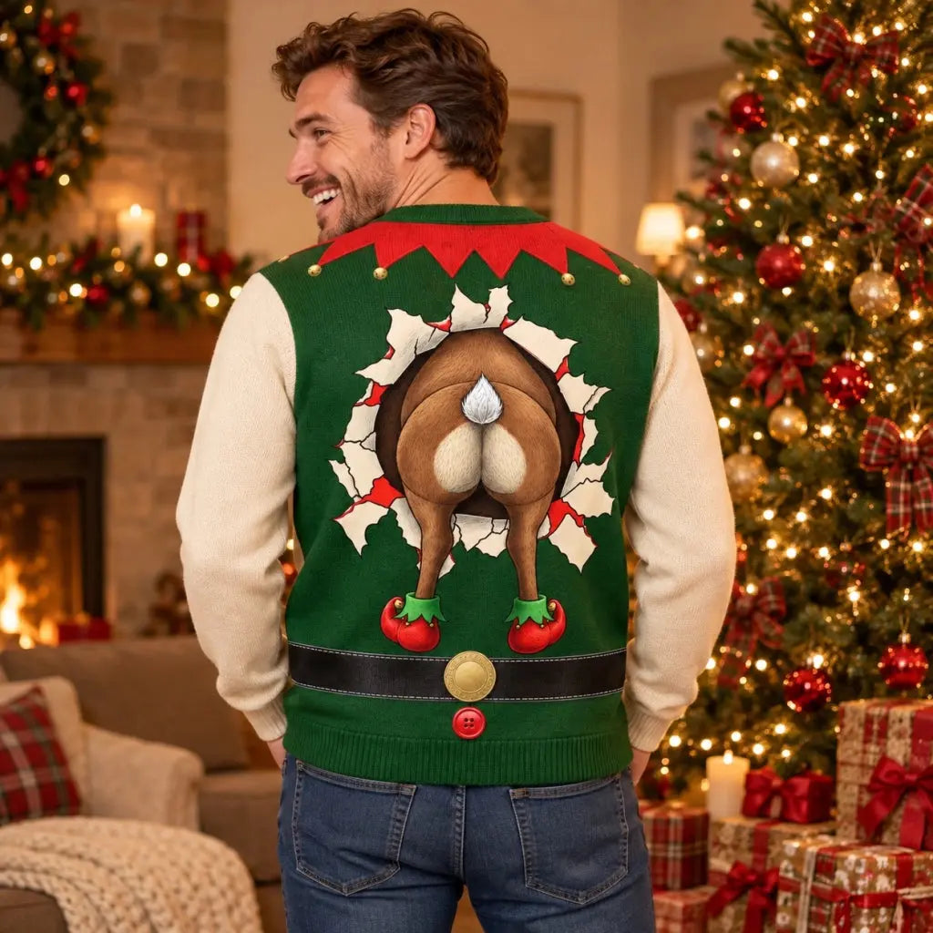 Funny reindeer butt Christmas ugly sweater front