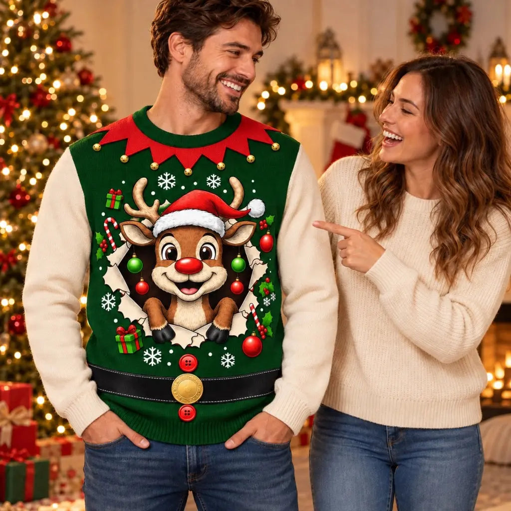 Couple laughing at the funny reindeer Christmas sweater