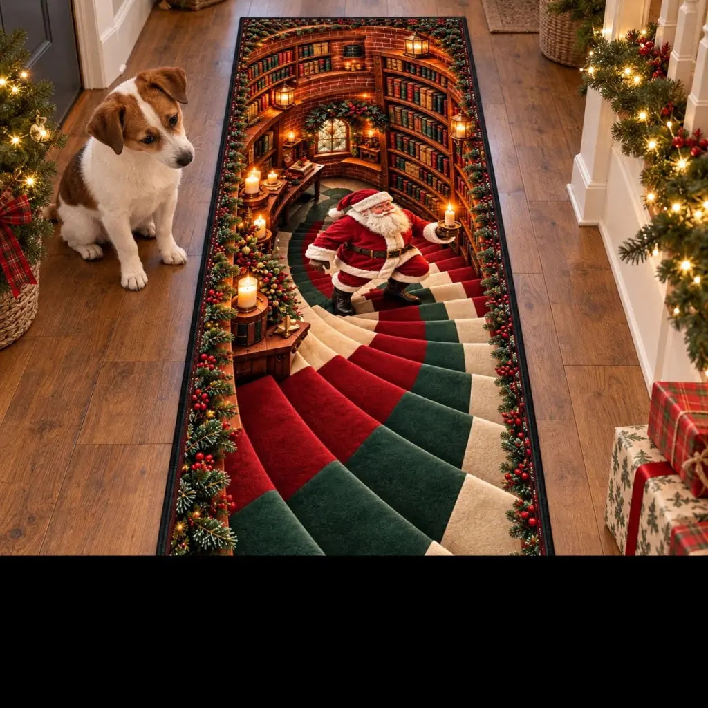 Curious dog looking at the 3D Santa runner rug