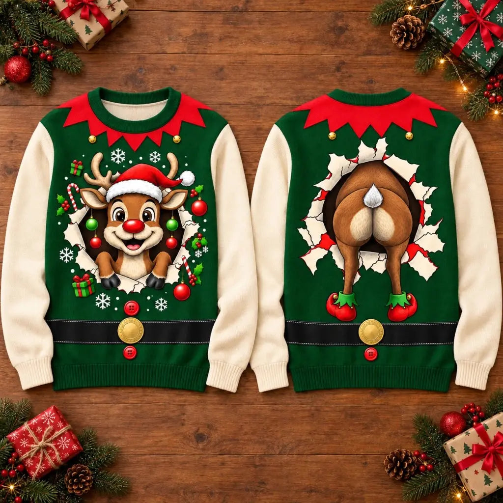 Front and back of the reindeer butt ugly sweater