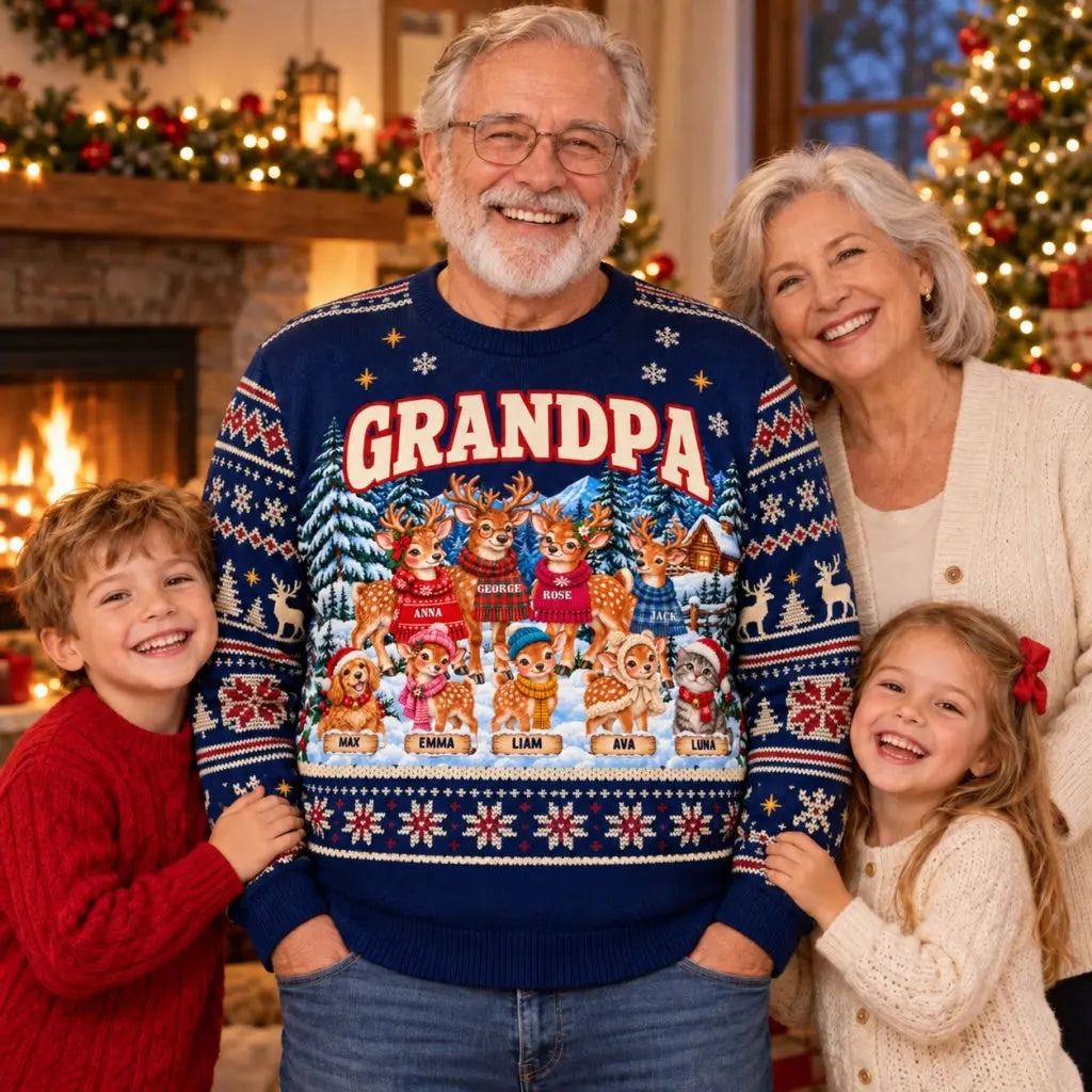 Family by the fireplace with personalized reindeer sweater
