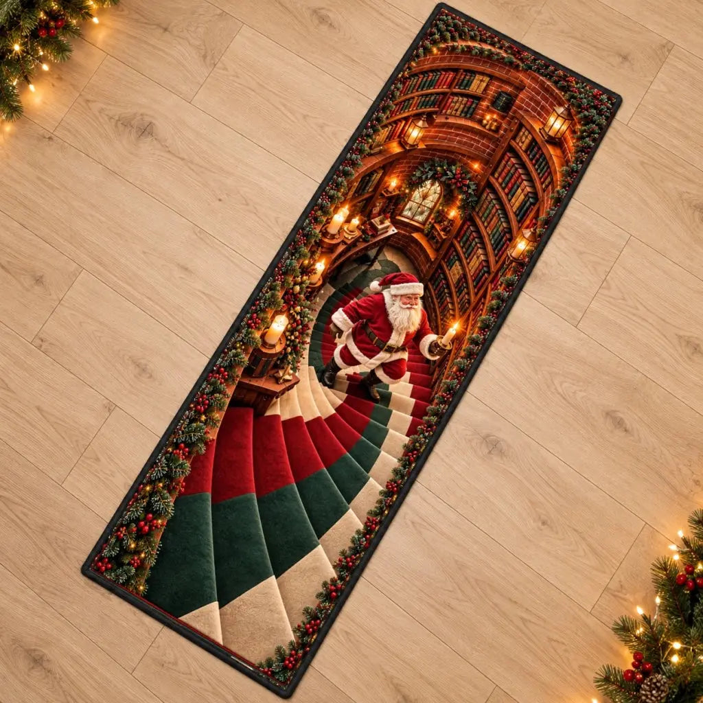 Santa library spiral stairs 3D runner rug overhead view