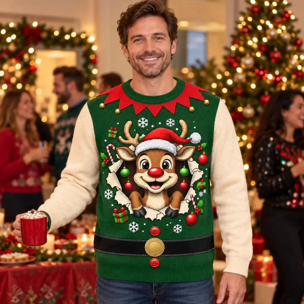 Funny reindeer ugly sweater at a Christmas party