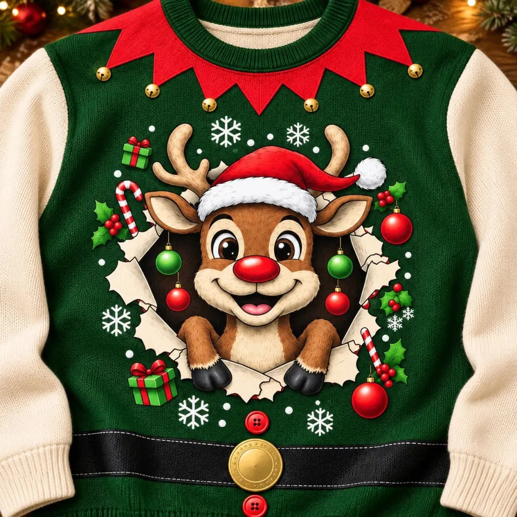Close-up of the reindeer and elf collar print