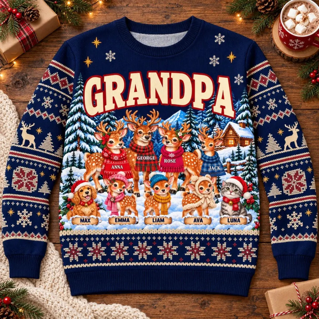 Custom family reindeer ugly sweater flat lay with gifts